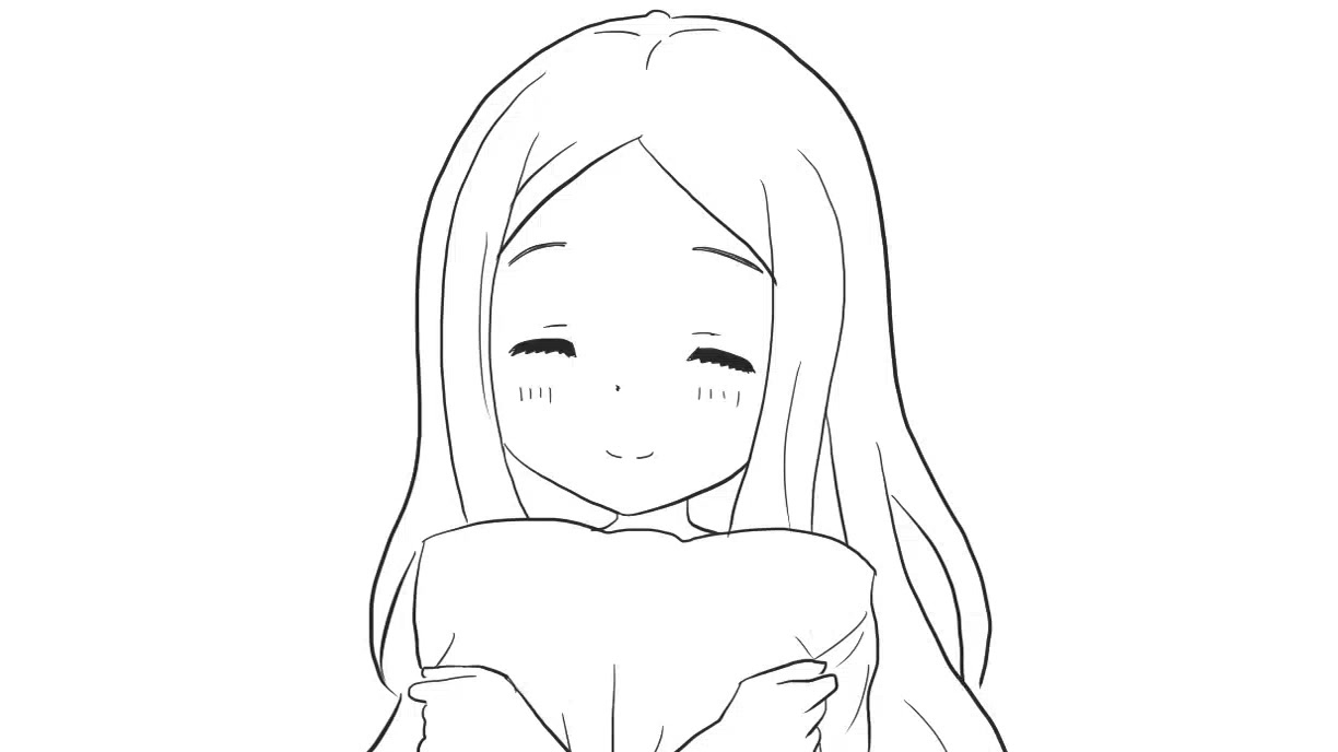 抱着抱枕的长发女孩动漫简笔画
