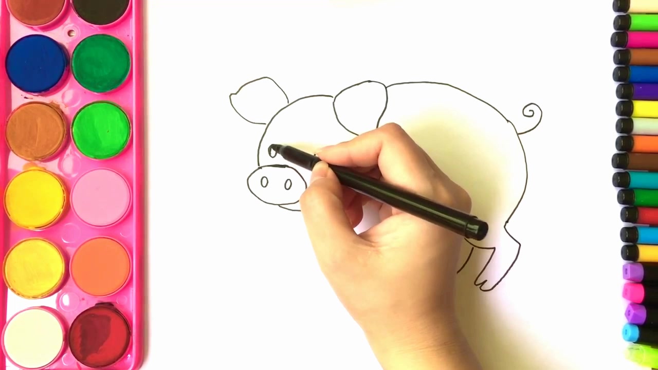 超级简单的儿童绘画 绘制可爱的小猪和填色