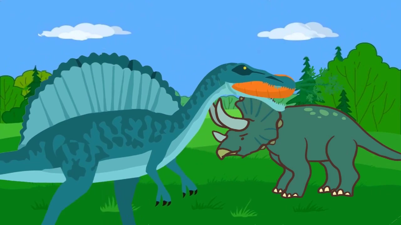 恐龙动漫特效:三角龙吃超级萝卜,找棘背龙算账