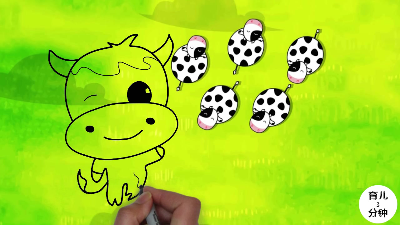 手绘简笔画,大草原上的奶牛先生,身穿黑白衣,头顶两只角