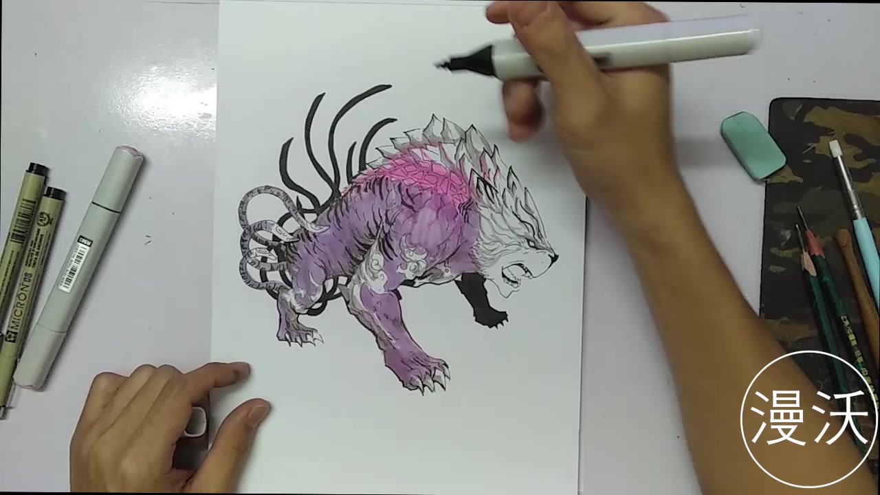 手绘日常:绘画山海经异兽,开明兽上色过程