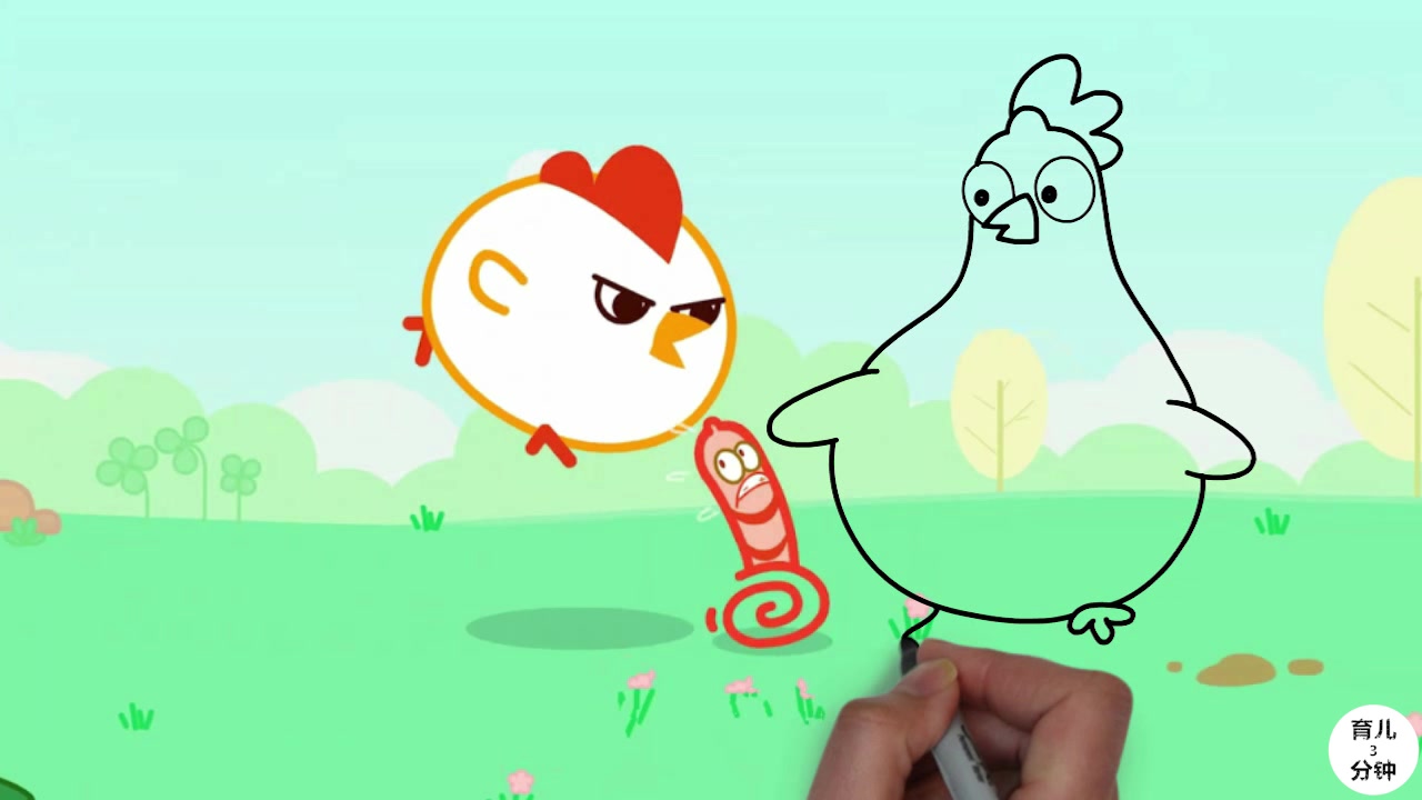 手绘简笔画,母鸡妈妈陪小鸡捉虫子,听儿歌学习简笔画!