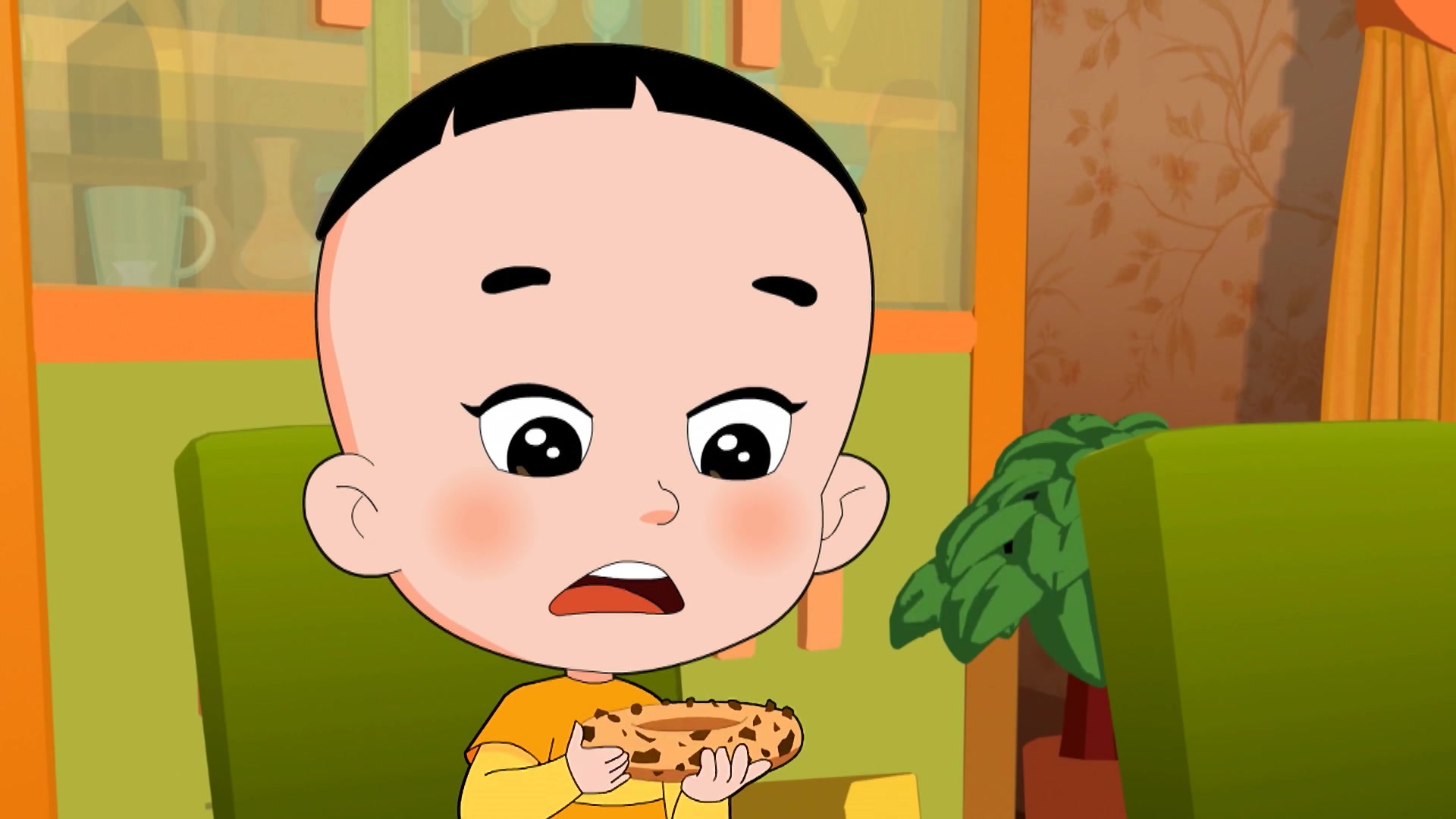 毛绒绒吃大头儿子的蓝莓夹心甜甜圈,毛绒绒边吃边赞扬大头