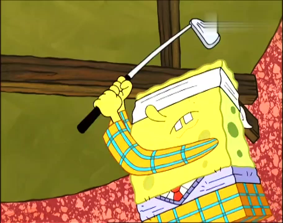 海绵宝宝竟趁章鱼哥睡着,在他家蒙着眼睛打高尔夫