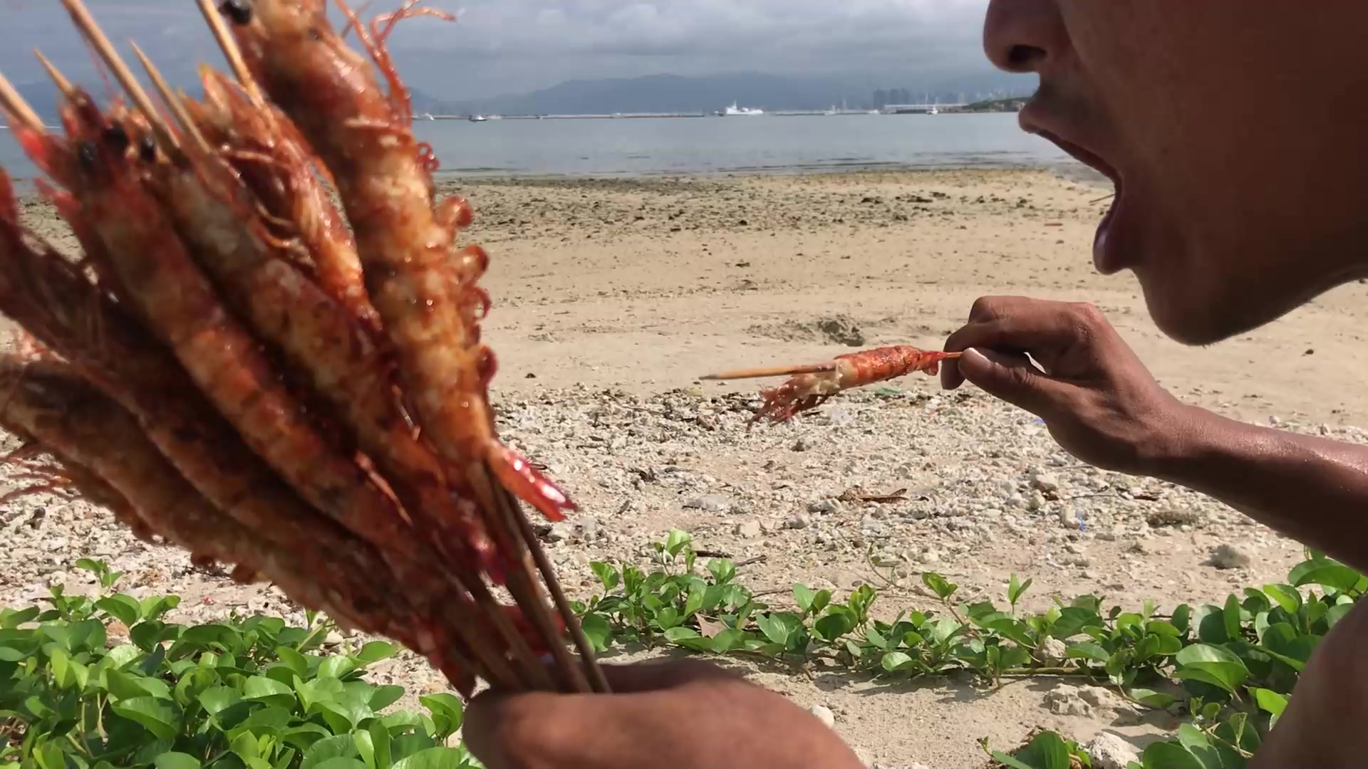 农村小伙海边碳烤深海大虾,连壳都超入味,吃起来太爽了